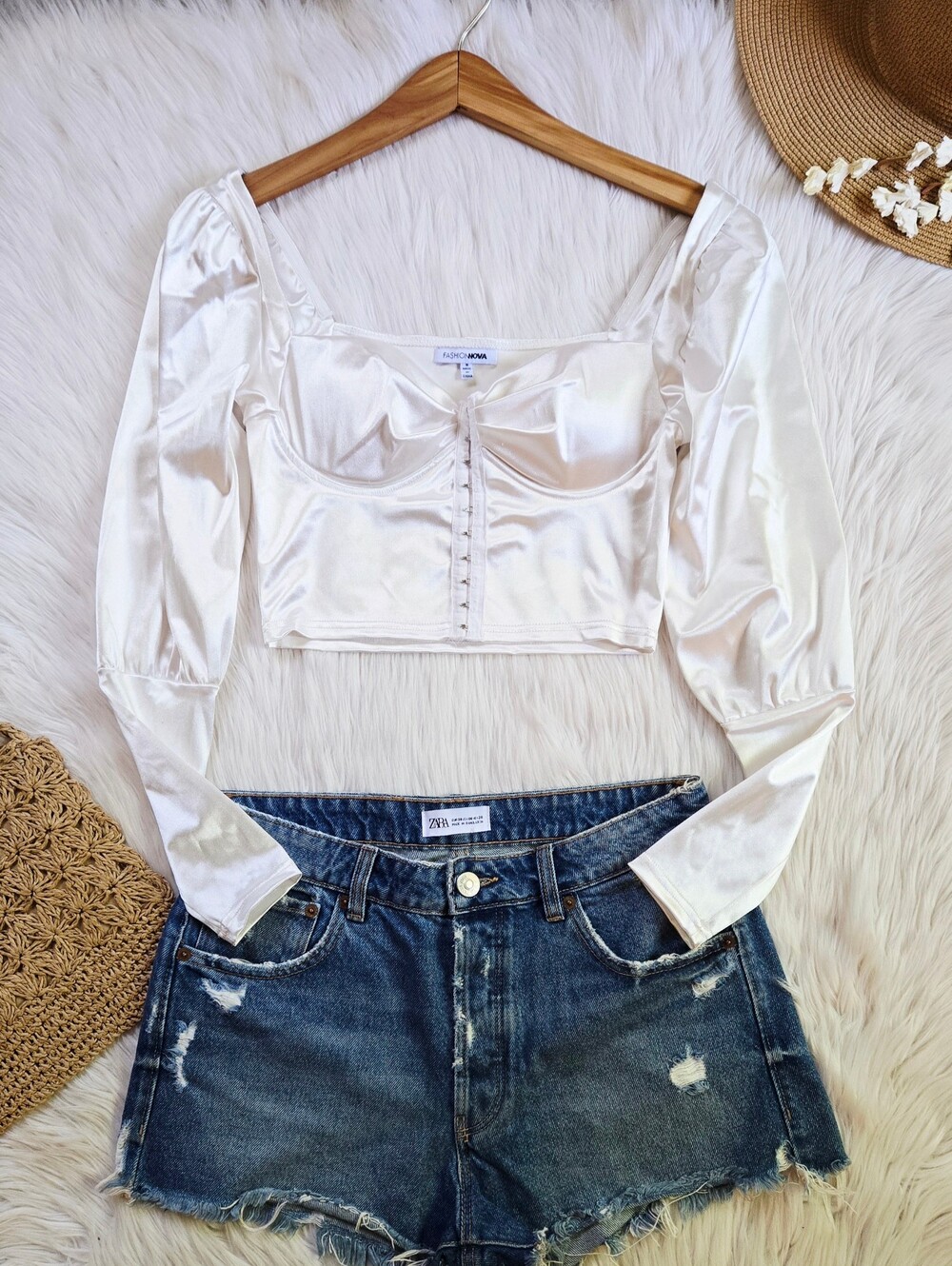 Satin Corset Crop Top with Sweetheart Neckline - White